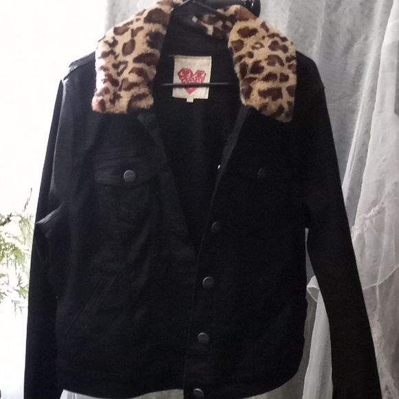 NEW Slink Jeans Black Denim Jean Jack w Removable Leopard Print Fx Fur Collar - Picture 12 of 12
